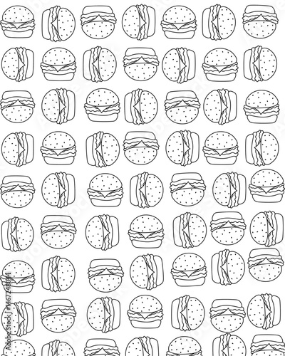 Hamburgers are drawn in a simple style using a clean outline. Picture arrangement follows a recurring diagonal pattern, creating a harmonious and uniform impression. Each burger consists of a special 