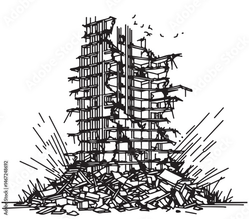 Line sketch high-rise destruction building. Abstract background. There is a crack of the house. Sketch