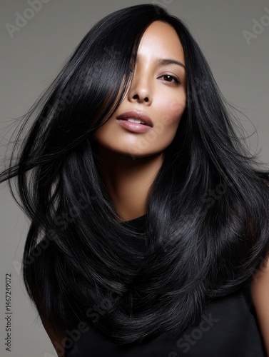 Hair flowing across frame like fabric, soft light enhancing every strand of sleek black hair