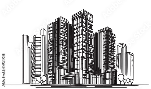High rise building sketch. Line art