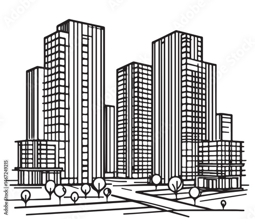 High rise building sketch. Line art