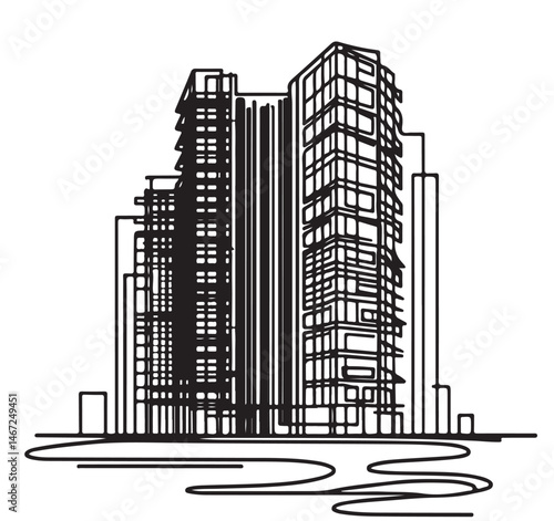 High rise building sketch. Line art