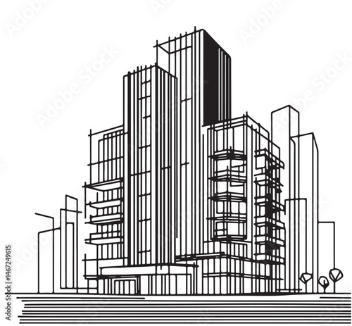 High rise building sketch. Line art