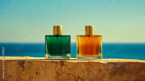 Two bottles of perfume, one green and the other orange with a gold cap on top, stand side by side against the backdrop of a sandstone wall. The background features a blue sky and sea horizon.