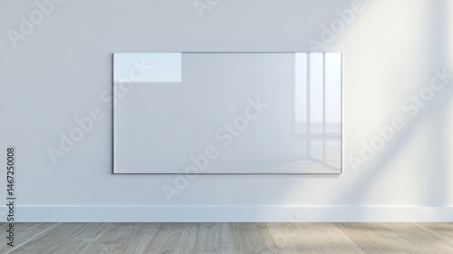 Blank white frame on a light wall, reflecting sunlight.