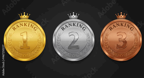 Three distinctive logos representing 1st, 2nd and 3rd place with metallic touches on a transparent background, suitable for vector graphics.