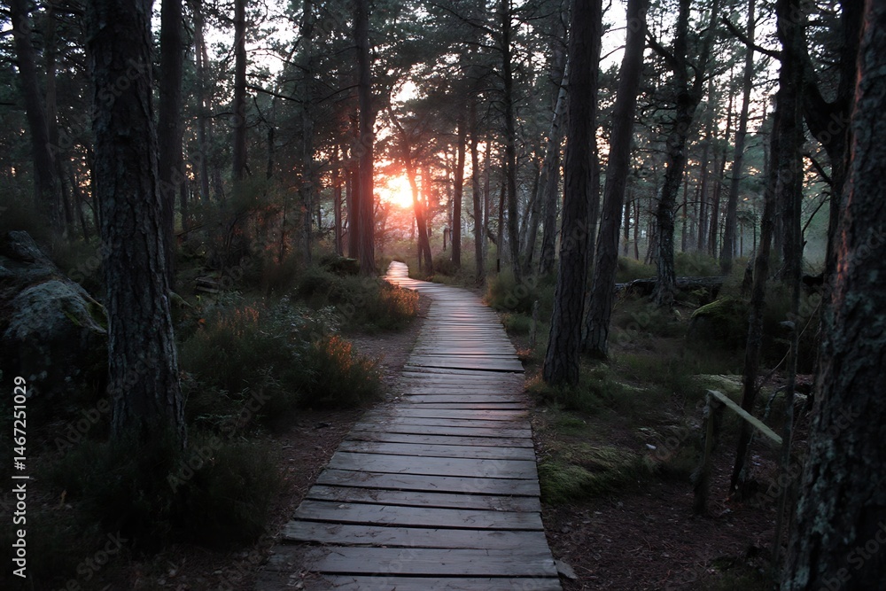 Fototapeta premium Dusk radiance in woodland with wooden path scene 