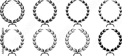 Laurel wreath vector icon. Black laurel wreath frame icon vector illustration. Laurel wreaths and branches with leaves. Silhouette laurel foliate wreaths collection. 