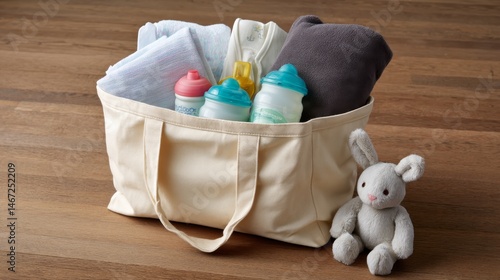 A canvas tote bag holds various baby supplies including pacifiers, a soft blanket, and a plush bunny, ideal for new parents needing essential items
