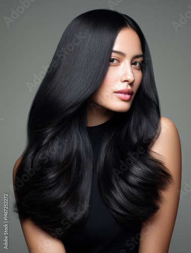 Long hair flowing like a waterfall, silky black texture enhanced by beauty lighting