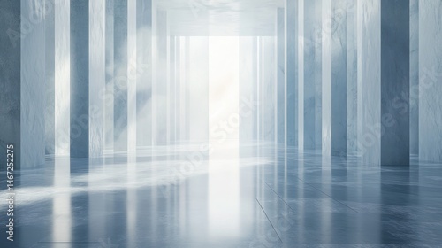 Light shining through a long hallway with many tall marble columns and a reflective floor.