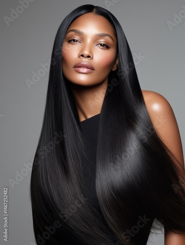 Long hair flowing like a waterfall, silky black texture enhanced by beauty lighting