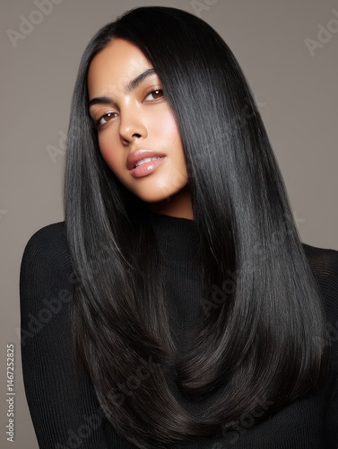 Long light black hair cascading over shoulders, glossy shine and soft texture captured in high detail