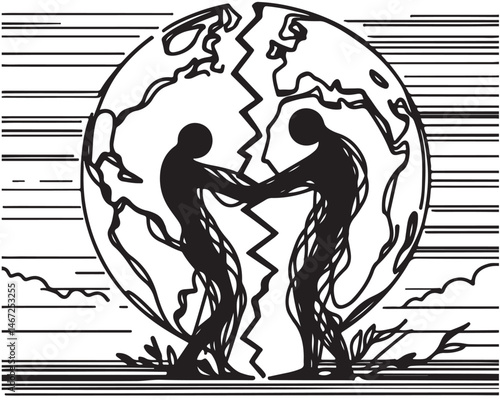line sketch destruction broken life a broken world. Destroyed, depression, person silhouette. Struggle, confrontation