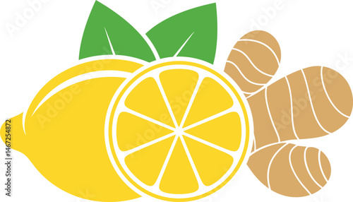 Ginger and lemon logo. Isolated ginger on white background. Lemon set