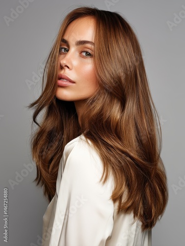Long light hair cascading softly over shoulders, silky smooth texture with natural shine and delicate tone