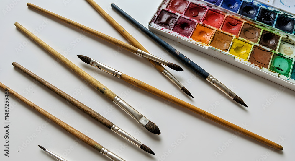 Obraz premium Paint Brushes and Watercolor Palette on White Background