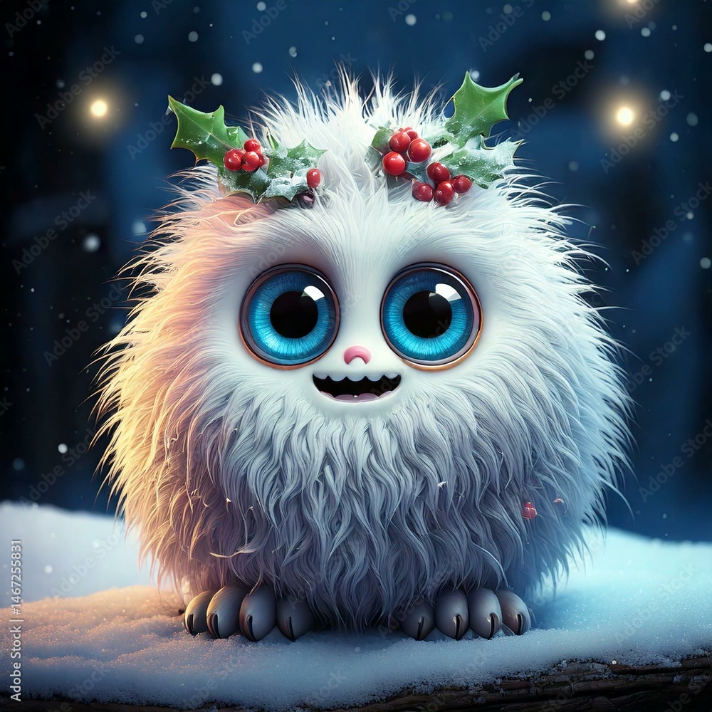 Fluffy Winter Monster with Sparkly Eyes & Holly Berry Charm—A Frosty, Festive, and Cute Companion! Fluffy Winter Monster with Sparkly Eyes & Holly Berry Charm—A Frosty, Festive, and Cute Companion!