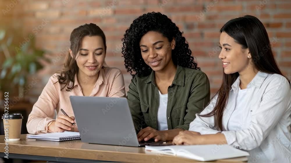 Female Student Group Collaborating on Laptop in Coffee Shop, Modern Casual Learning Environment
Female Student Group Collaborating on Laptop in Coffee Shop, Modern Casual Learning Environment