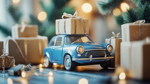 Vintage Car Carrying Christmas Gifts Festive Holiday Scene