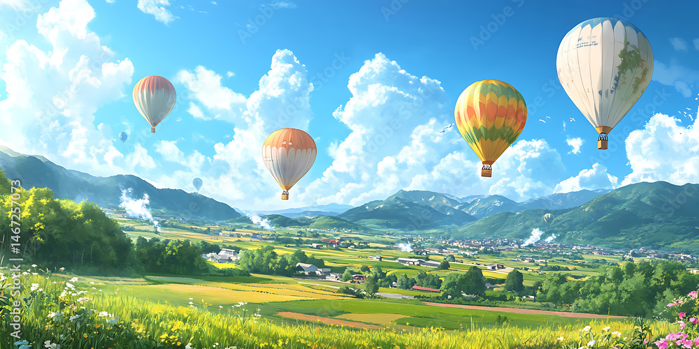 Fototapeta premium Hot Air Balloons Over Scenic Landscape Breathtaking View