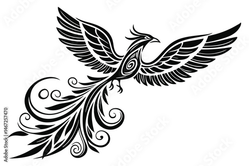 153 Black and white silhouette, phoenix rising, stylized bird design, tribal art, curving lines, feathered wings, elegant swirl pattern, mythical creature, rebirth symbol, minimalist illustration, bol