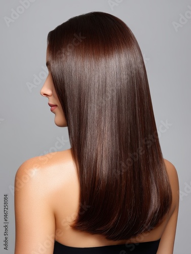 Sleek chocolate brown hair brushed straight, silky finish with subtle highlights and even tone