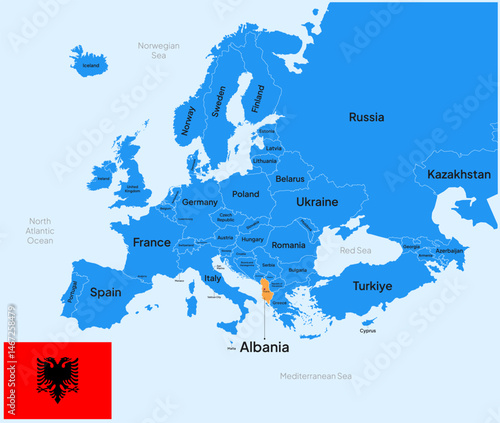 Europe Map Highlighted at Albania Country with Flag and capital city