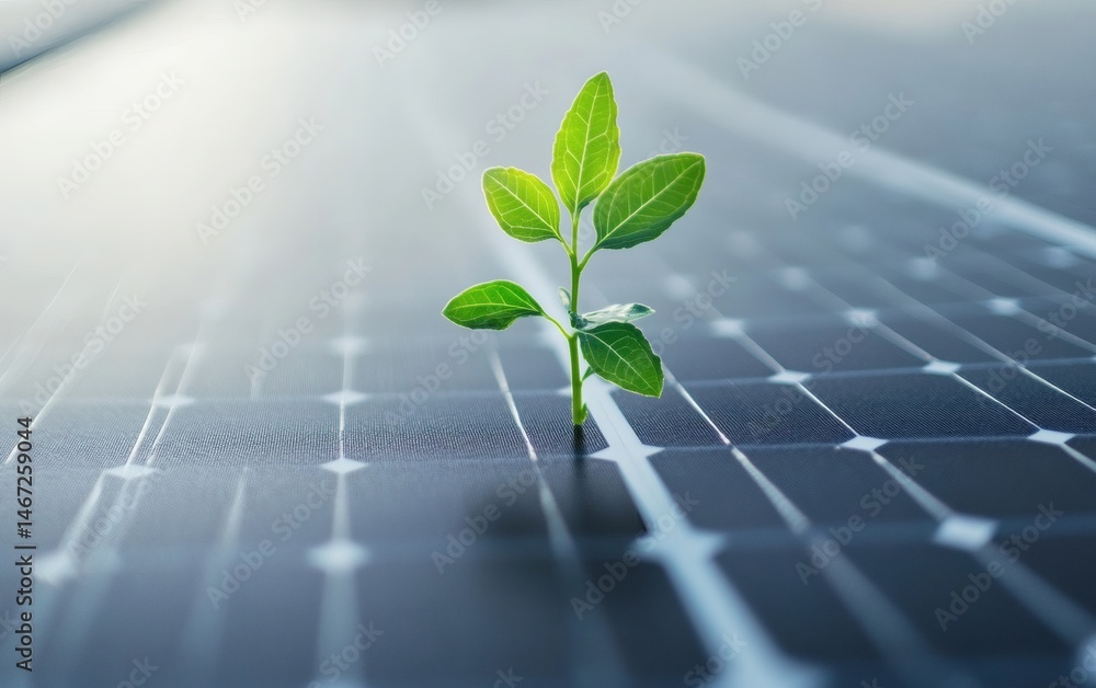 Sprout on solar panel representing eco-friendly power, renewable resources, and the future of sustainable environmental technology