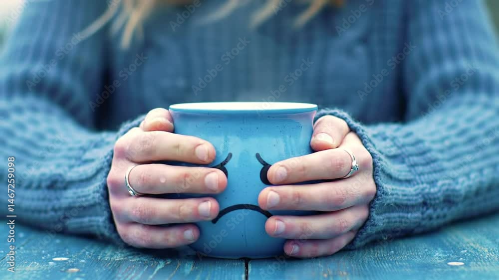 Blue Monday mug with emotive face held by a person for conveying sentiments and feeling Blue Monday mug with emotive face held by a person for conveying sentiments and feeling