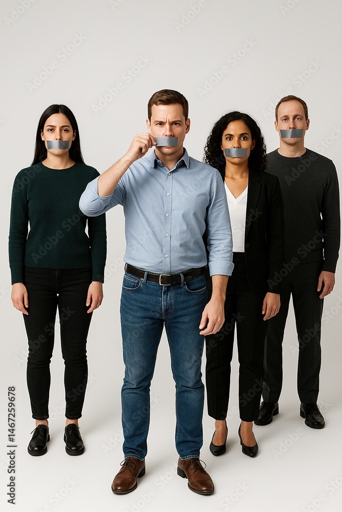 Fototapeta premium Diverse Group Silenced with Duct Tape – Conceptual Photo on Free Speech Suppression