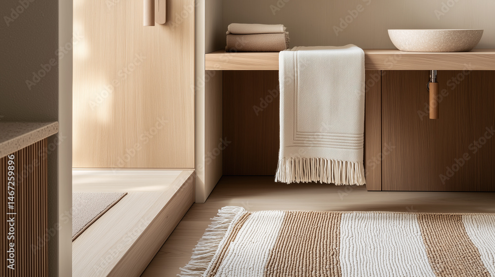 Fototapeta premium Serene interior scene featuring natural wood furniture, soft rug with stripes, and minimalistic decor. warm tones create calming atmosphere, perfect for relaxation and comfort