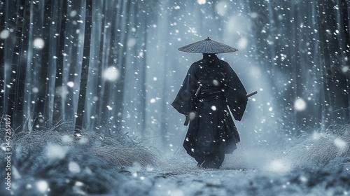 Samurai Walking Through a Snowy Bamboo Grove