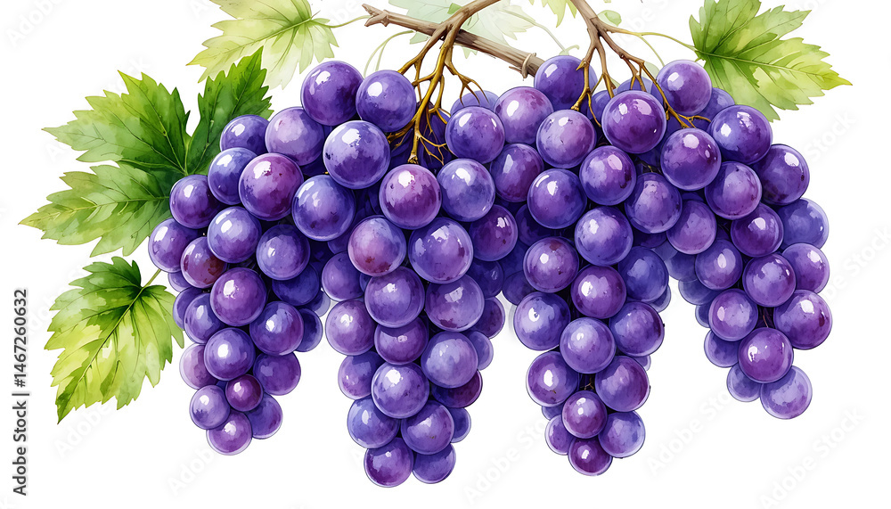 Fototapeta premium Watercolor-style illustration of two bunches of ripe purple grapes with green leaves, isolated on a white background.
