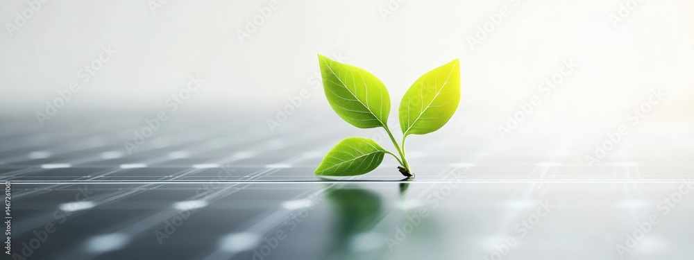 Sprout on solar panel representing eco-friendly power, renewable resources, and the future of sustainable environmental technology