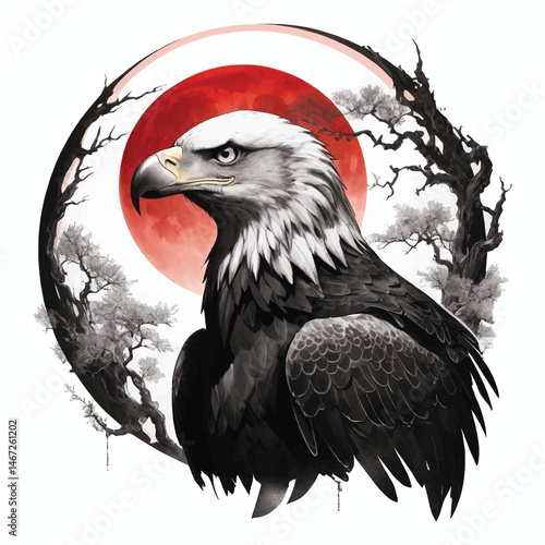 Crimson Moon Sentinel: A Gothic Eagle in Ink and Shadow, T-shirt Vector Design