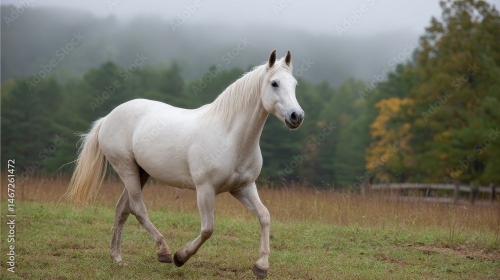 A white horse gallops through a foggy field on a misty morning, showcasing its grace and natural elegance amidst the serene landscape and enchanting atmosphere A white horse gallops through a foggy field on a misty morning, showcasing its grace and natural elegance amidst the serene landscape and enchanting atmosphere