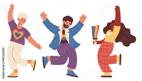 Happy LGBTQ community. Diverse LGBT People Gay and lesbians Dancing set. Pride Month. Fun holiday. Isolate Vector Illustration for Design, social media, unity and equal love