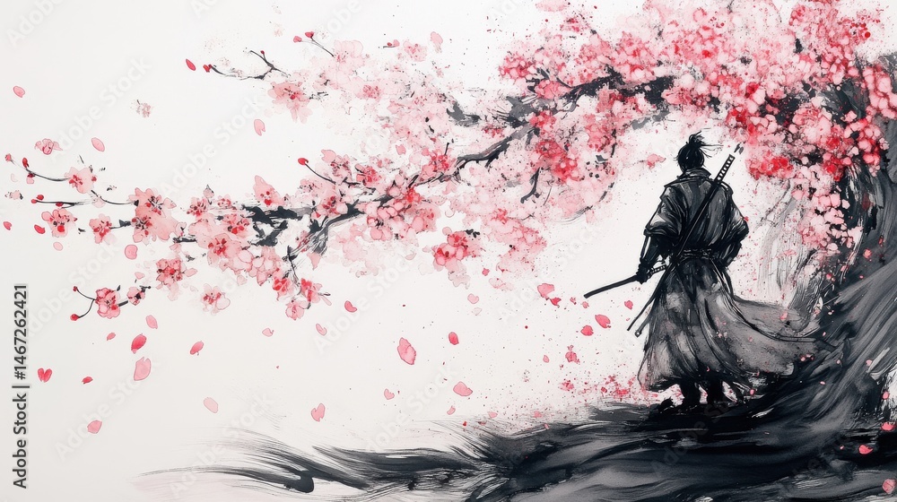 Fototapeta premium Japanese Warrior Standing Beneath Cherry Blossoms