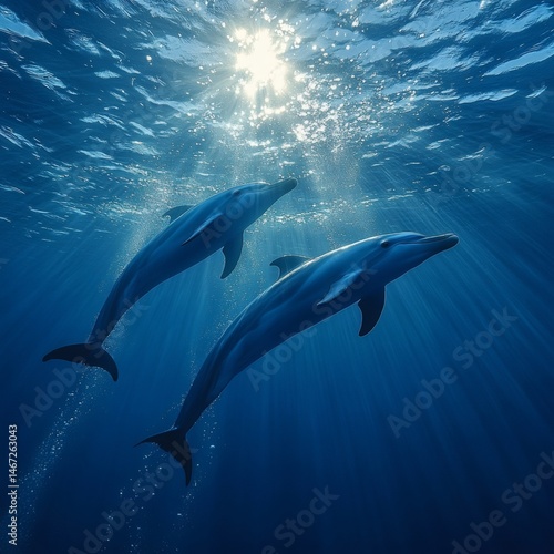 Underwater Dolphins Swimming in Sunlit Blue Ocean