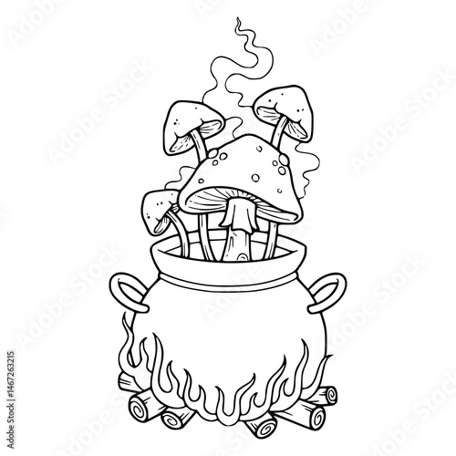 Halloween cauldron with fungi and smoke