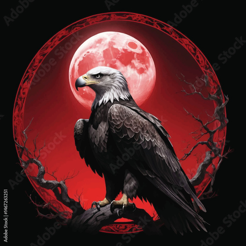 Crimson Moon Sentinel: A Gothic Eagle in Ink and Shadow, T-shirt Vector Design