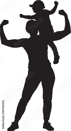 Strong Bonding Silhouette of Adult Carrying Child on Shoulders Flexing Muscles