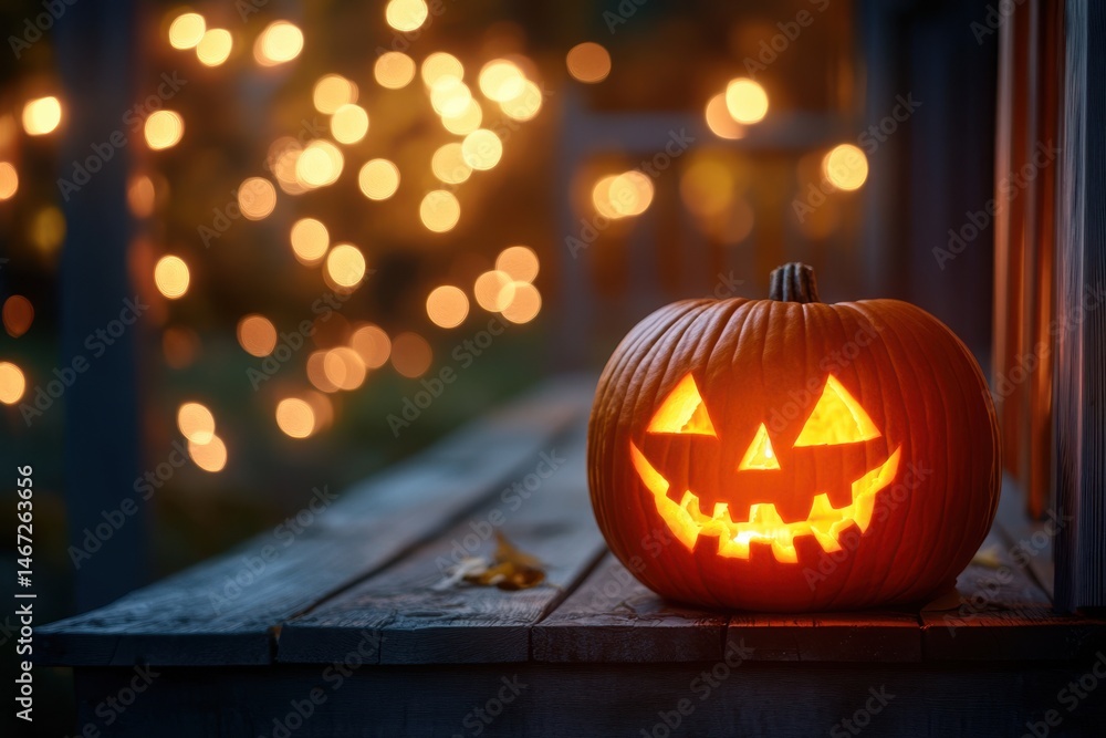 Illuminated jack o lantern sitting on a wooden surface with bokeh lights in the background Illuminated jack o lantern sitting on a wooden surface with bokeh lights in the background