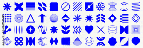 Set of graphic geometric assets with grid, pattern and elements. Vector modern shapes in retro aesthetic. Isolated illustration for stickers, poster, collage, design template.