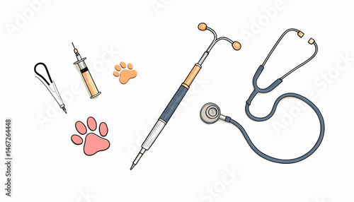 Veterinary tools and equipment including syringe and stethoscope with playful paw prints, copy space
