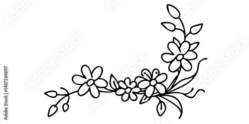Hand-Drawn Wildflower Corner Frame Illustration in Line Art for Floral Design, Botanical Border Sketch