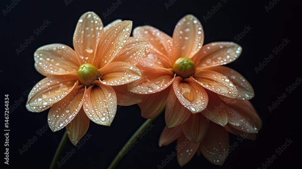 Close-up view of three peach-toned flowers covered in water droplets. Close-up view of three peach-toned flowers covered in water droplets.