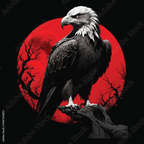 Crimson Moon Sentinel: A Gothic Eagle in Ink and Shadow, T-shirt Vector Design