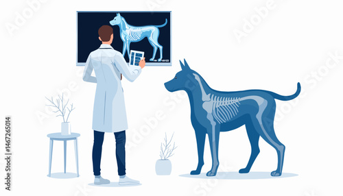 Veterinarian examining dog X-ray diagnosis in a clinic setting, copy space